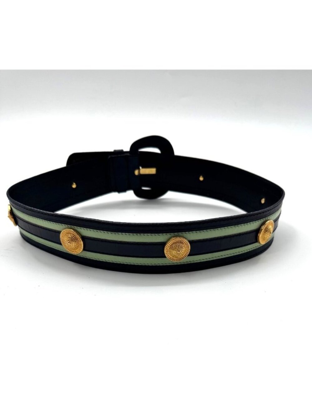 Vintage Escada Belt West Germany Navy/Green Gold Medallion Leather Belt EU 38 /S - Picture 2 of 12